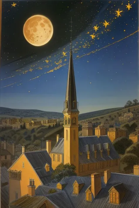 illustration by Jean-Pierre Gibrat; Oil-on-canvas painting of a blue night sky with roiling energy. A fuzzy and bright yellow crescent moon shining at the top. Below the exploding yellow stars and radiating swirls of blue, a distant village sits quietly on the right. Connecting earth and sky is a flame-like cypress tree with curling and swaying branches on the left. A church spire rises as a beacon over rolling blue hills. illustration by Jean-Pierre Gibrat