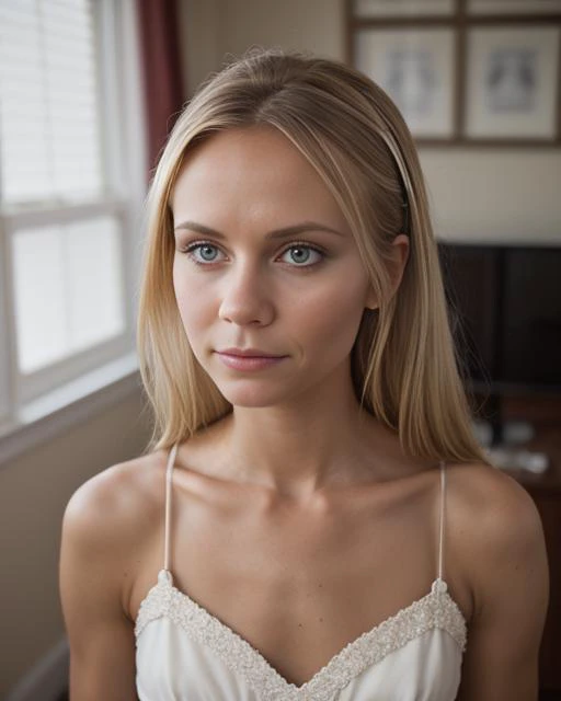 1960s \(style\) photo of fit, thin 21 year old jp-SvetaF-v2 ,Tousled waves, defined crease eyeshadow , Silky camisole with floral embroidery and tap shorts , Wood-panelled room , Mamiya C330, 80mm f/2.8, 1/125s, ISO 100, Ilford Delta 100