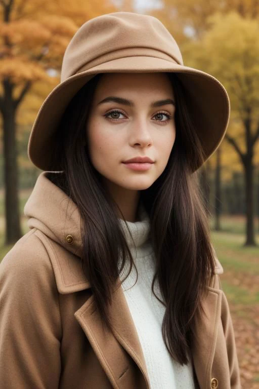 hyper realistic photo of the Fall Outfits collection, a realistic brunette, in a brown coat with a hat on her head, against the background of an autumn landscape. detailed skin, vogue style, new york, natural light, realistic, fashion catalog, 8K, macro, close-up, hyper detailed, trending on artstation, sharp focus, studio photo, intricate details, very detailed, author