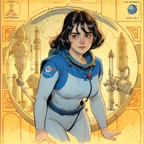 Illustration, female cosmonaut, shapely science fiction illustration
