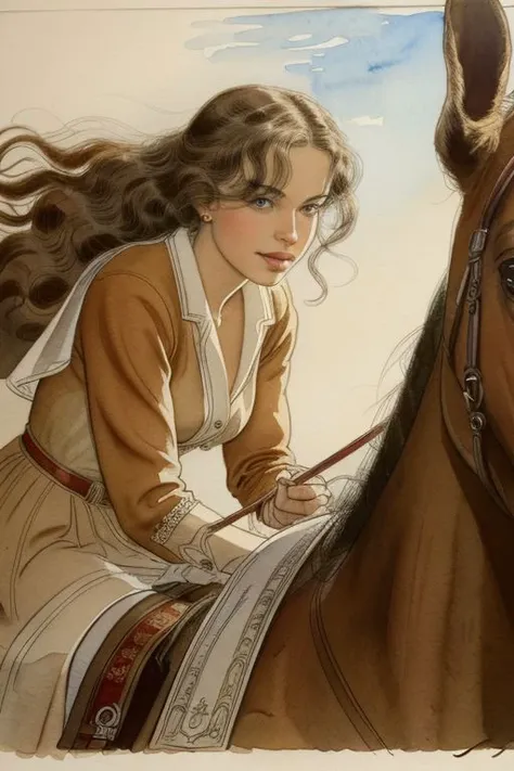 Woman riding a horse, illustration by Jean-Pierre Gibrat, extremely detailed, intricate background details, close-up, beauty, clean ink lines, fine details, watercolor shadows