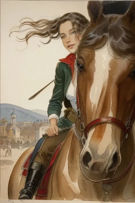 Woman riding a horse, illustration by Jean-Pierre Gibrat, extremely detailed, intricate background details, close-up, beauty, clean ink lines, fine details, watercolor shadows