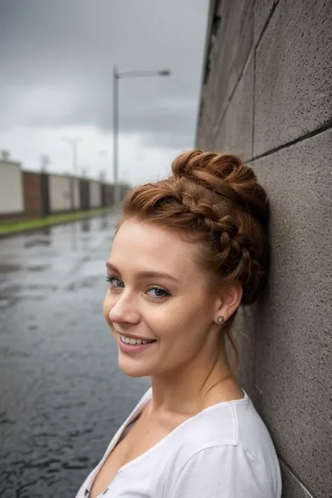 Candid, casual, asphalt, graffiti, concrete wall, clouds, rain, sidelighting, dimples, close-up, auburn hair, braided updo, pale