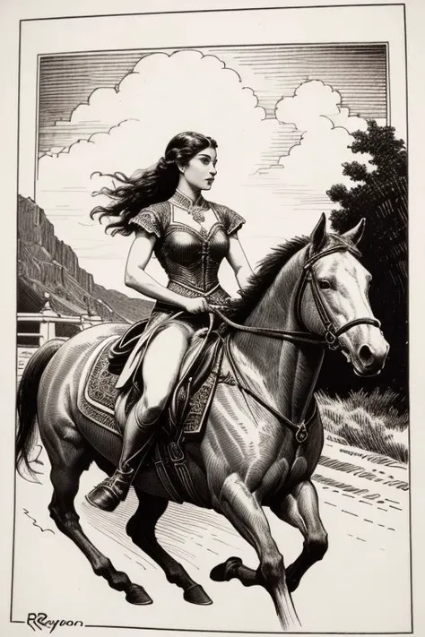 Woman riding a horse, illustration by Roy Krenkel, extremely detailed, intricate background details, close-up, beauty, clean ink lines, fine details, crosshatching shadows, etching