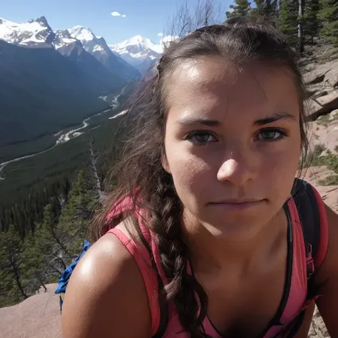 a beautiful female hiker gazing wistfully toward the camera on a rocky mountain path, sad eyes