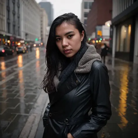 a stern self-assured woman in the rain, wet hair, city streets background, skin pores, wide angle 20mm f/11 on kodak ektachrome e100, overcast, soft focus, film grain, desaturated, muted colors, eye contact