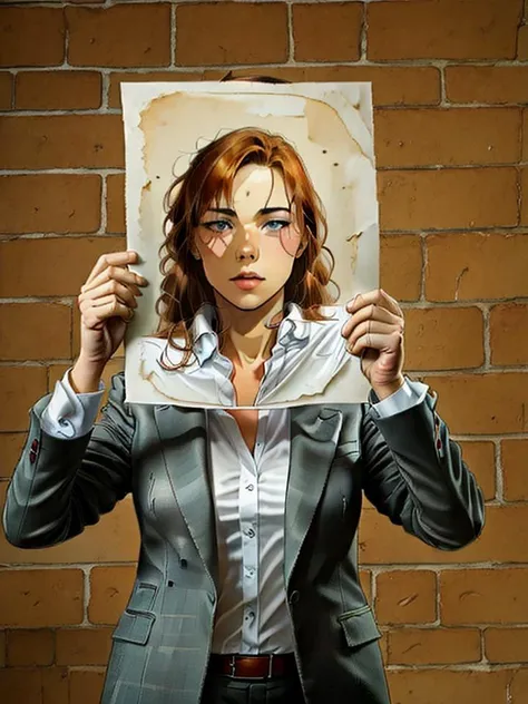 curvy woman in formalwear, paperinface, ginger hair, 1girl, high quality, HD photograph, crumbling brick wall, face illustrated by Jean-Pierre Gibrat <lora:pif-000020:1> <lora:gibrat:1>