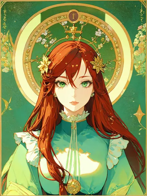 <lora:Tarot Card Style-000005:1> Tarot Card,solo, 1girl, red hair, long hair, portrait, traditional media, looking at viewer, green eyes, painting \(medium\), parted lips, hair ornament, art nouveau, art by alphonse mucha