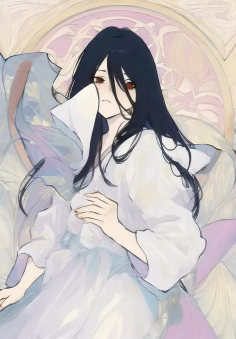 ((masterpiece)),(best quality), absurdres,sadako_yamamura,red eyes,white dress,<lora:Sadakobest:0.7>,<lora:tarotArtNoveauWIPNSFW_beta:1>,art by alphonse mucha,art nouveau,tarot card,1girl, solo, looking at viewer,