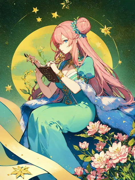<lora:Tarot Card Style-000005:1> Tarot Card,1girl, tarot, pink hair, flower, solo, book, long hair, dress, star \(symbol\), holding, jewelry, petals, open book, long sleeves, blue eyes, blue dress, card \(medium\), cleavage, roman numeral, sitting, breasts, puffy sleeves, holding book, gem, cone hair bun, circlet, beads, leaf, braid, white flower, tree, hair bun, art nouveau, art by alphonse mucha