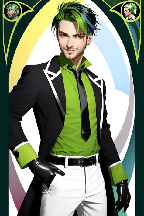 Tarot Card, tarot card style, 1boy, smile, solo, gloves, male focus, multicolored hair, belt, fingerless gloves, green eyes, jacket, earrings, necktie, rainbow, hand on hip, grin, long hair, shirt, jewelry, looking at viewer, black shirt, sparkle, teeth, facial hair, blush, black jacket, long sleeves, open clothes, pants, green pants, green hair, open jacket, black belt, green gloves, white hair, belt buckle, buckle, collared shirt, green belt, black hair, striped necktie, blue hair, piercing, striped, white background, rainbow hair, glint ,art nouveau, art by alphonse mucha <lora:Tarot Card Style:1>