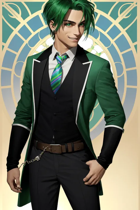 Tarot Card, tarot card style, 1boy, smile, solo, gloves, male focus, multicolored hair, belt, fingerless gloves, green eyes, jacket, earrings, necktie, rainbow, hand on hip, grin, long hair, shirt, jewelry, looking at viewer, black shirt, sparkle, teeth, facial hair, blush, black jacket, long sleeves, open clothes, pants, green pants, green hair, open jacket, black belt, green gloves, white hair, belt buckle, buckle, collared shirt, green belt, black hair, striped necktie, blue hair, piercing, striped, white background, rainbow hair, glint ,art nouveau, art by alphonse mucha <lora:Tarot Card Style:1>