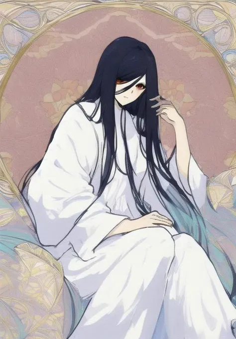 ((masterpiece)),(best quality), absurdres,sadako_yamamura,red eyes,white dress,<lora:Sadakobest:0.7>,<lora:tarotArtNoveauWIPNSFW_beta:1>,art by alphonse mucha,art nouveau,tarot card,1girl, solo, looking at viewer,
