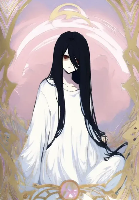 ((masterpiece)),(best quality), absurdres,sadako_yamamura,red eyes,white dress,<lora:Sadakobest:0.7>,<lora:tarotArtNoveauWIPNSFW_beta:1>,art by alphonse mucha,art nouveau,tarot card,1girl, solo, looking at viewer,