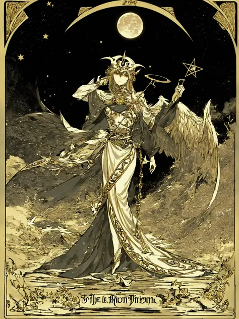 <lora:Tarot Card Style-000005:1> Tarot Card, tarot, pentagram, star \(sky\), horns, skull, demon, monochrome, wings, starry sky, skeleton, english text, demon wings, star \(symbol\), moon, demon horns, no humans, roman numeral, sky, art nouveau, art by alphonse mucha