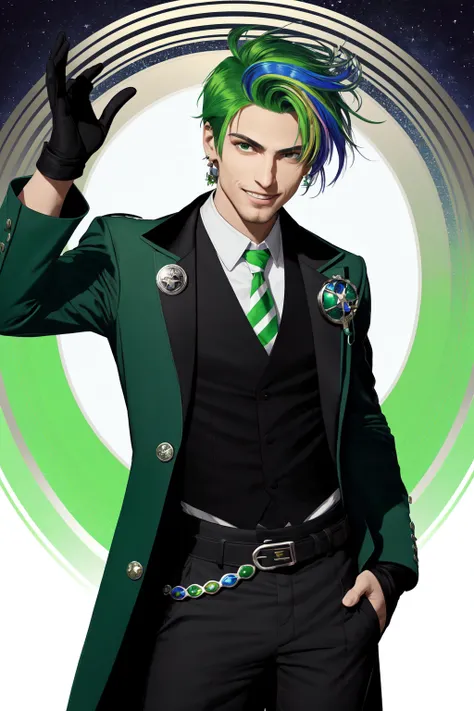 Tarot Card, tarot card style, 1boy, smile, solo, gloves, male focus, multicolored hair, belt, fingerless gloves, green eyes, jacket, earrings, necktie, rainbow, hand on hip, grin, long hair, shirt, jewelry, looking at viewer, black shirt, sparkle, teeth, facial hair, blush, black jacket, long sleeves, open clothes, pants, green pants, green hair, open jacket, black belt, green gloves, white hair, belt buckle, buckle, collared shirt, green belt, black hair, striped necktie, blue hair, piercing, striped, white background, rainbow hair, glint ,art nouveau, art by alphonse mucha <lora:Tarot Card Style:1>