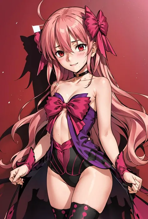 (masterpiece, best quality), 1girl, <lora:noel2:0.8> long hair,bow,pink hair,red eyes,1girl,hair bow,solo,smile,looking at viewer,choker,thighhighs,very long hair,leotard,hair between eyes,bare shoulders,collarbone,dress,navel,ribbon,boots,pink bow,black thighhighs,ahoge,high heels,black choker,cleavage,fang,blush,cowboy shot,blue eyes