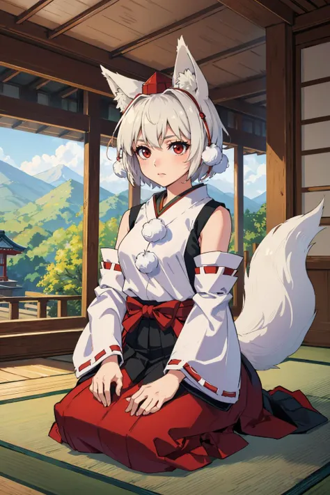 masterpiece, best quality,   <lora:touhou_inubashiri-11:1> inubashiri momiji, wolf tail, tokin hat, shirt, pom pom \(clothes\), detached sleeves, skirt, seiza, indoors, japanese architecture, green tea