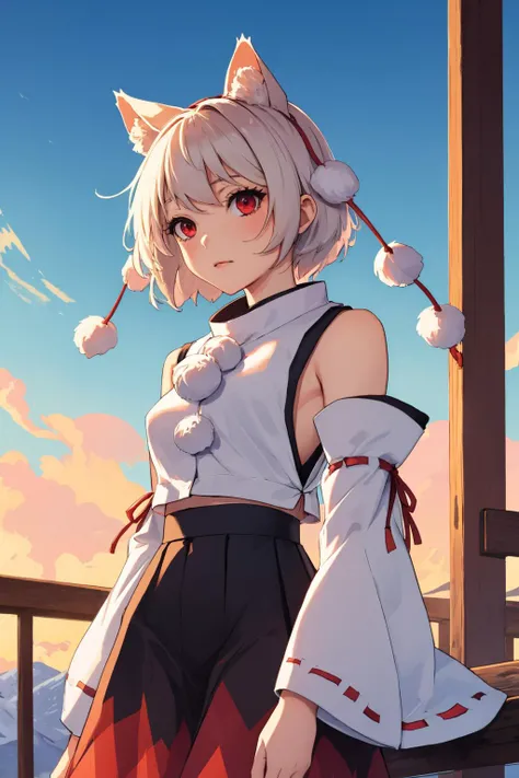 (masterpiece, best quality:1.2), solo, 1girl, inubashiri momiji, tokin hat, shirt, pom pom \(clothes\), detached sleeves, skirt, <lora:touhou_inubashiri-11:1>