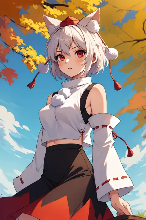 (masterpiece, best quality:1.2), solo, 1girl, inubashiri momiji, tokin hat, shirt, pom pom \(clothes\), detached sleeves, skirt, <lora:touhou_inubashiri-11:1>