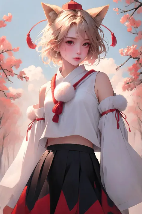 (masterpiece, best quality:1.2), solo, 1girl, inubashiri momiji, tokin hat, shirt, pom pom \(clothes\), detached sleeves, skirt, <lora:touhou_inubashiri-11:1>