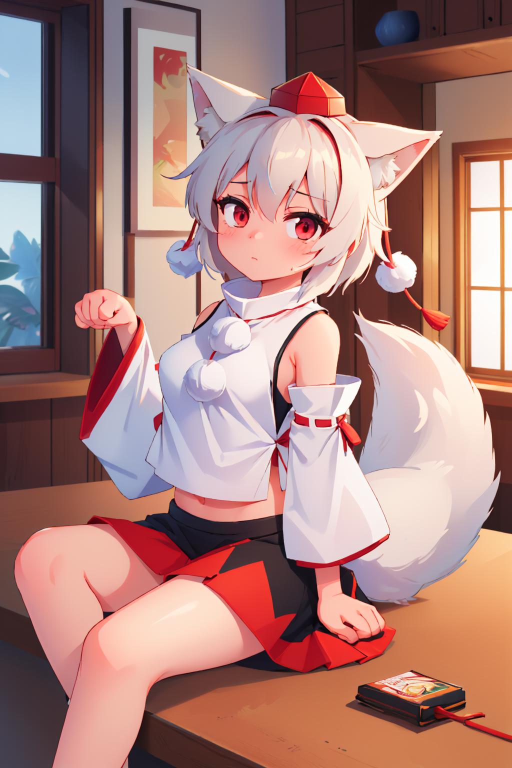 A woman in a white shirt and red skirt sitting on a table - SeaArt AI