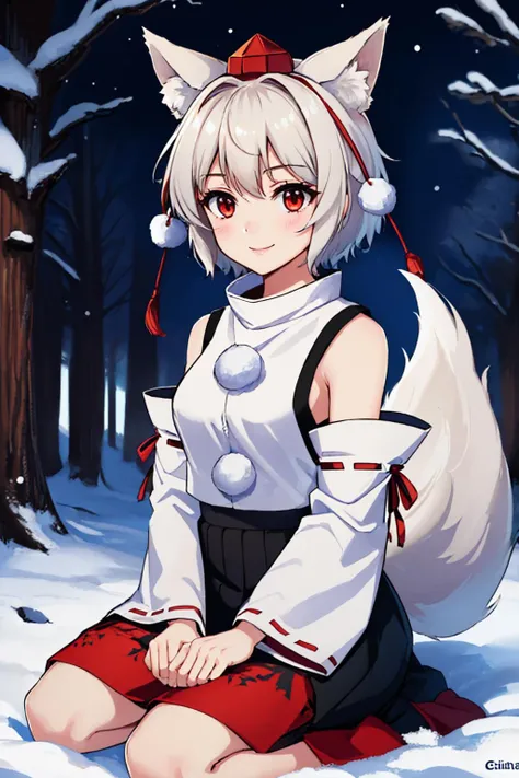(masterpiece, best quality:1.2), snow, solo, 1girl, inubashiri momiji, smile, seiza, tokin hat, shirt, pom pom \(clothes\), detached sleeves, skirt, wolf tail, forest <lora:touhou_inubashiri-11:1>