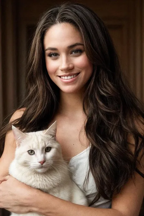 masterpiece, stunning portrait photo of (mghn woman:1.0), smiling, (holding a cat:1.15)
<lora:MeghanMarkleDogu:1>