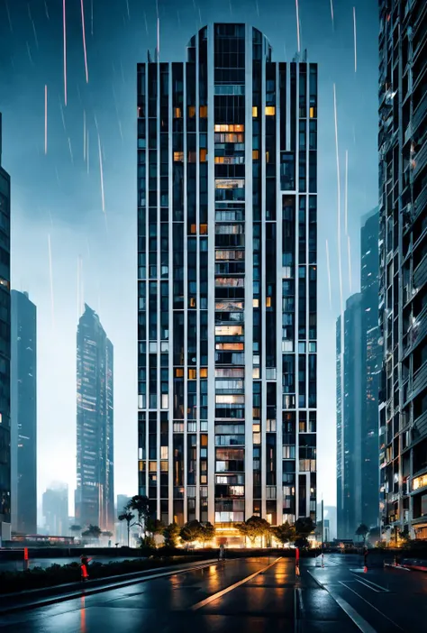 modern architecture style, photo realistic, hyper detailed photo, clean sky, ruined city, cyberpunk, night, rain, masterpiece, best quality, highres