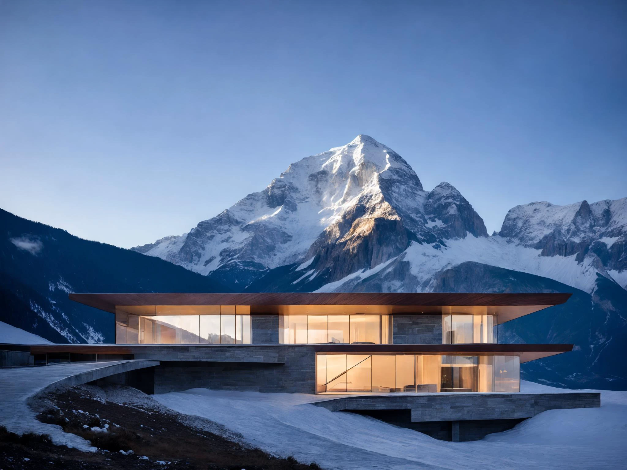 ((masterpiece, best quality)),buidiung,sleek,stone,modern architecture style,hyper detailed photo,midnight,(fog:0.3),human perspective,snow montain,