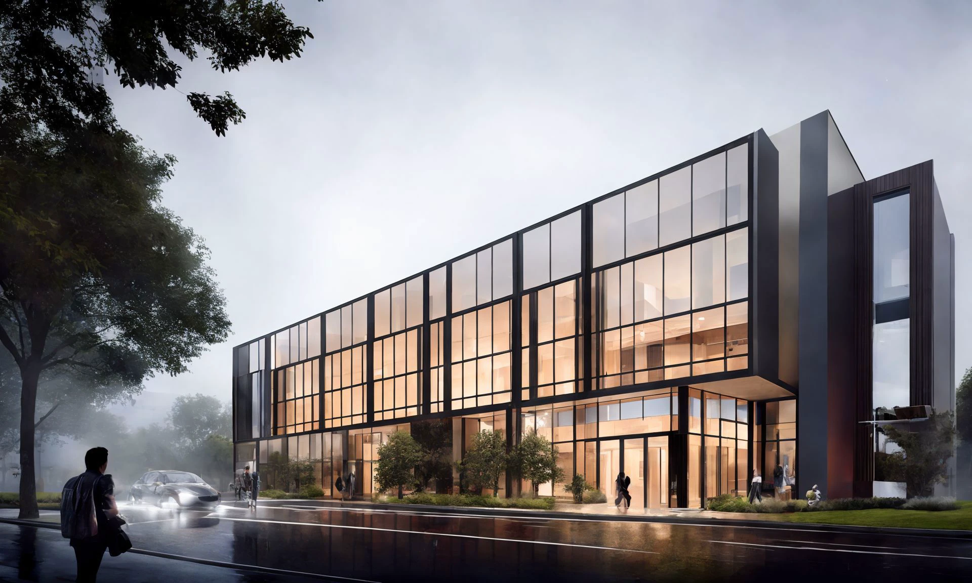 (masterpiece:1.2),( best quality:1.2), high quality, highres,
building,sleek,modern architecture style,brick,heavy rain,street,office building,human perspective,, masterpiece, best quality, highres,