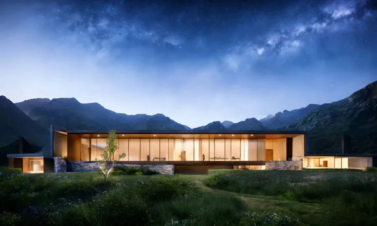(masterpiece:1.2),( best quality:1.2), high quality, highres,box form, buidiung, sleek, stone, modern architecture style, hyper detailed photo, galaxy and stars, (fog:0.5), human perspective, montain,
