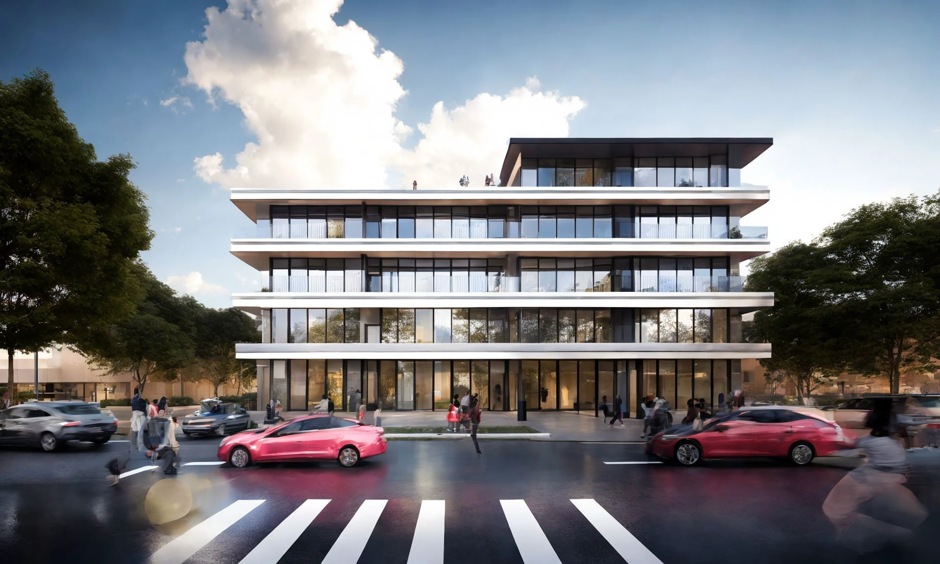 (masterpiece:1.2),( best quality:1.2), high quality, highres,modern, residential, glass facade, steel, concrete, neutral color scheme, rectangular forms, urban, human perspective from street level, dusk, city, open communal spaces, mixed-use, sleek lines, balanced composition, recessed balconies, protruding elements, community interaction, building, car, cloud, cloudy sky, crosswalk, ground vehicle, lamppost, motor vehicle, outdoors, reflection, road, scenery, sky, street, traffic light, tree,, masterpiece, best quality, highres,