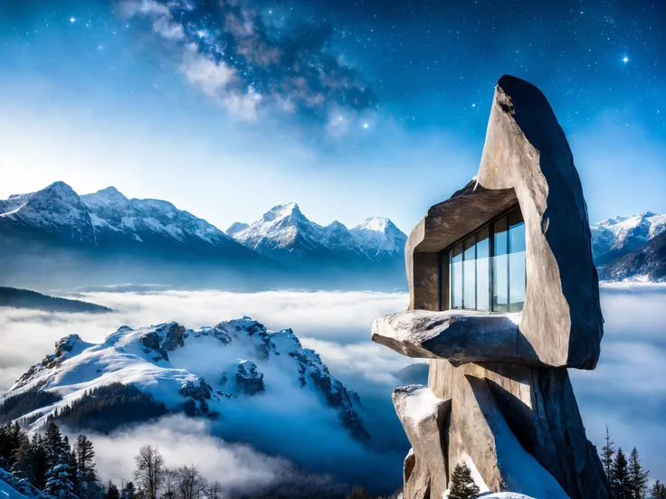 ((masterpiece, best quality),buidiung,sleek,stone,modern architecture style,hyper detailed photo,galaxy and stars,(fog:0.5),human  perspective,snow montain,