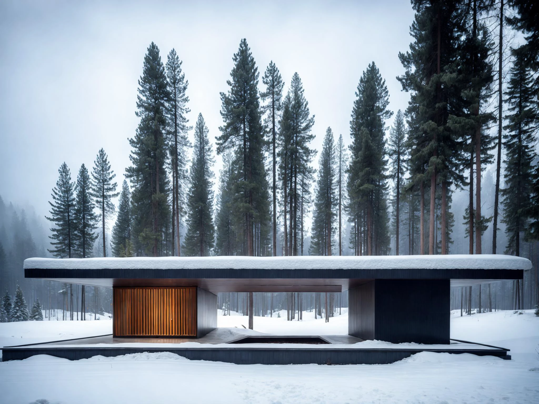 ((masterpiece, best quality)), box form, buidiung, sleek, concrete, modern architecture style, hyper detailed photo, (snow:0.5), (fog:0.5), human perspective, forest, trees, culture building, <lora:add_detail:0.2>