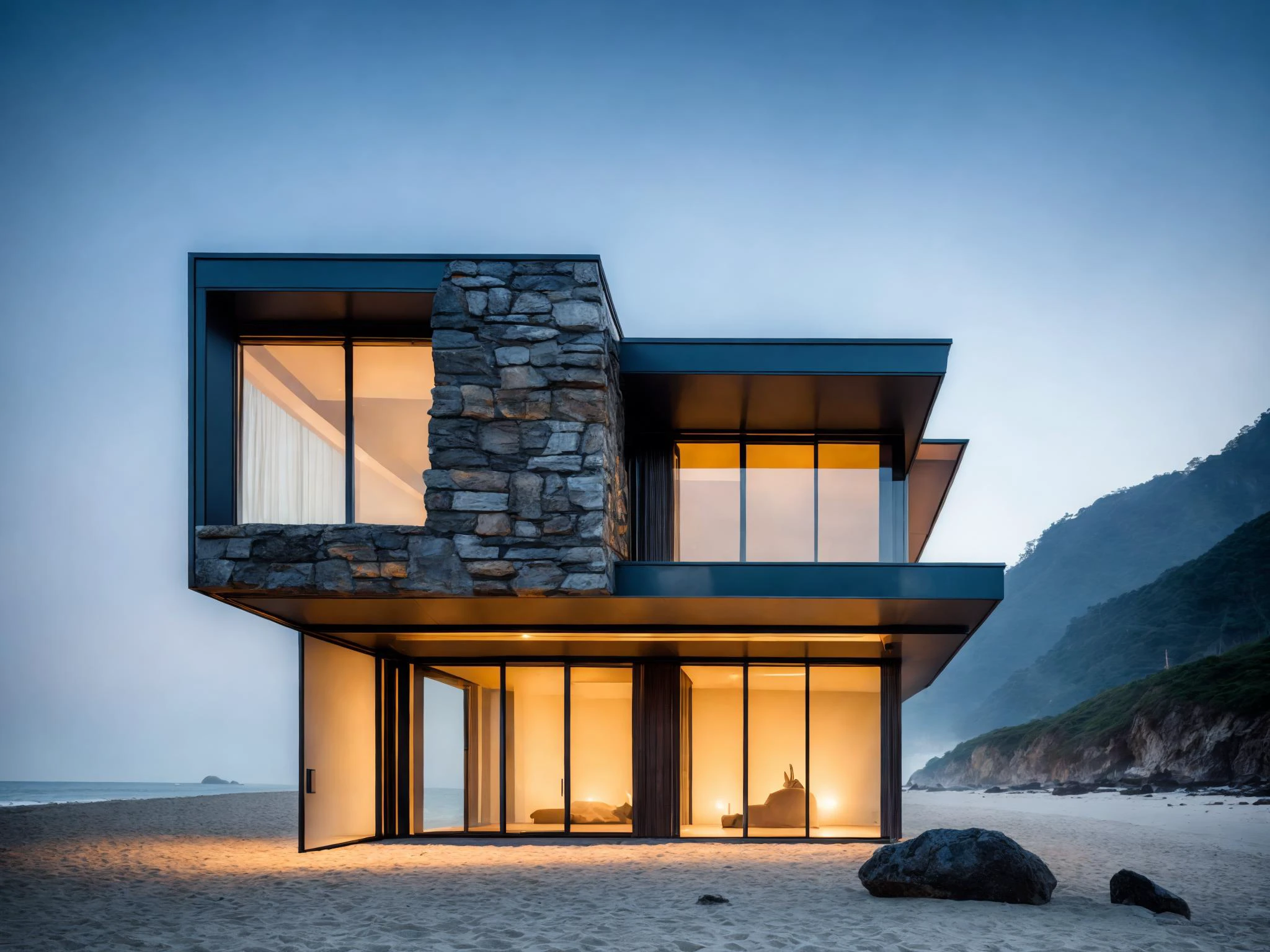 ((masterpiece, best quality)),buidiung,sleek,stone,modern architecture style,hyper detailed photo,midnight,(fog:0.3),human  perspective,beach