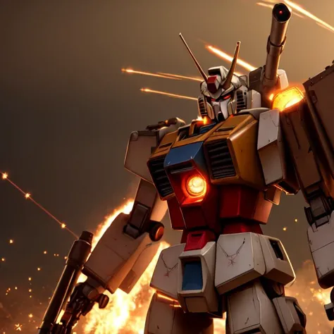a giant (Gundam rx78 1.2) robot with a gun in its hand and Shield in the middle of the battlefield; (motion lines:0.56), (perfectionism:0.17), (shimmering light:0.98), (vintage:0.99)(Upper Body1.2), and ruins, sparks, and flames surround it, Steel, edge rust, and edge wear, (extremely detailed CG unity 8k wallpaper), realistic, masterpiece, highest quality, ((scifi)), lens flare, ((light sparkles)), unreal engine, digital painting, Style-TronLegacy-8v-B, trending on ArtStation, trending on CGSociety, Intricate, High Detail, dramatic, realism, beautiful and detailed lighting, shadows <lora:gundamRX78_v2:.3> <lora:animeLineartMangaLike_v30MangaLike:0.7>