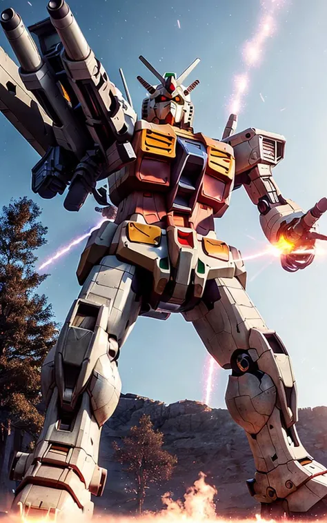 <lora:GundamRX78:0.8> a giant (Gundam rx78 1.2) robot with a gun in its hand and Shield in the middle of the battlefield; (Upper Body1.2), and ruins, sparks, and flames surround it, Steel, edge rust, and edge wear, (extremely detailed CG unity 8k wallpaper), realistic, masterpiece, highest quality, ((scifi)), lens flare, ((light sparkles)), unreal engine, digital painting, Style-TronLegacy-8v-B, trending on ArtStation, trending on CGSociety, Intricate, High Detail, dramatic, realism, beautiful and detailed lighting, shadows <lora:itrobo2022Highly_12Lora:0.4> <lora:epicdiffusionLora300_epicdiffusionLora300:0.4> opt-6000