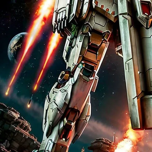 a giant (Gundam rx78 1.2) robot with a gun in its hand and Shield in space, space; earth in the background, ruins, sci-fi, sparks, and flames surround it,
Steel, edge rust, and edge wear (extremely detailed CG unity 8k wallpaper), realistic, masterpiece, highest quality, ((scifi)), lens flare, ((light sparkles)), unreal engine, digital painting, Style-TronLegacy-8v-B, trending on ArtStation, trending on CGSociety, Intricate, High Detail, dramatic, realism, beautiful and detailed lighting, shadows (was-gunpla) <lora:gundamRX78_v2:0.8><lora:epiNoiseoffset_v2:0.5> <lora:itrobo2022Highly_12Lora:0.7>