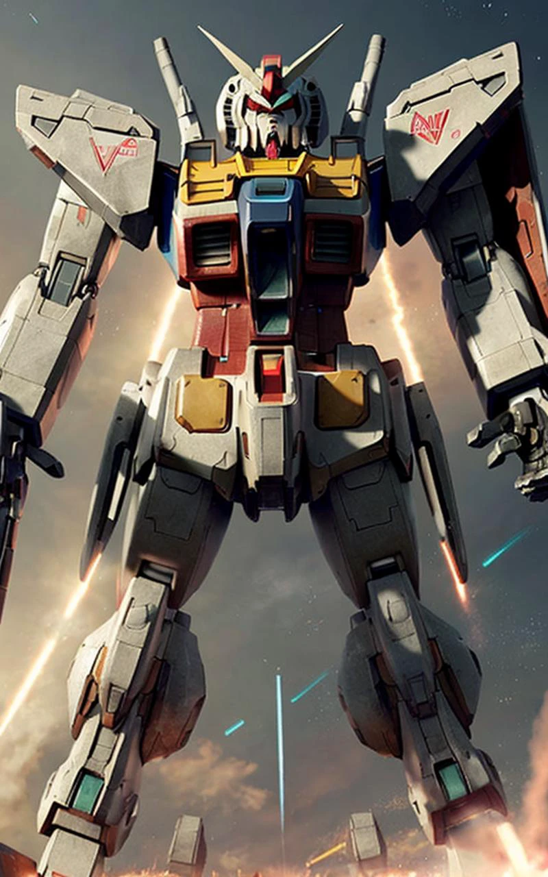 <lora:GundamRX78:0.8> a giant (Gundam rx78 1.2) robot with a gun in its hand and Shield in the middle of the battlefield; (Upper Body1.2), and ruins, sparks, and flames surround it, Steel, edge rust, and edge wear, (extremely detailed CG unity 8k wallpaper), realistic, masterpiece, highest quality, ((scifi)), lens flare, ((light sparkles)), unreal engine, digital painting, Style-TronLegacy-8v-B, trending on ArtStation, trending on CGSociety, Intricate, High Detail, dramatic, realism, beautiful and detailed lighting, shadows <lora:itrobo2022Highly_12Lora:0.4> <lora:epicdiffusionLora300_epicdiffusionLora300:0.4> opt-6000