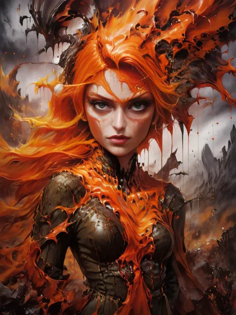 1girl, beautiful, orange hair, fantastical hair, standing in the highlands, eyeliner, focus on eyes, intricate detailed background, cowboy shot, sfw, <lora:Cosmic_Canvas_SDXL:1> <lora:DrippingXL:1> dripping <lora:EnvyBrokenRealityXL01:1>