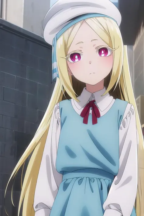 morinokorisu, <lora:morino korisu-alpha-lora-nochekaiser:1>,
morino korisu, long hair, blonde hair, (red eyes:1.3), very long hair, (bright pupils:1.5),
BREAK shirt, long sleeves, hat, dress, white shirt, pantyhose, shoes, blue dress, beret, white headwear, red footwear, mary janes,
BREAK outdoors, city,
BREAK looking at viewer, (cowboy shot:1.5),
BREAK <lyco:GoodHands-beta2:1>, (masterpiece:1.2), best quality, high resolution, unity 8k wallpaper, (illustration:0.8), (beautiful detailed eyes:1.6), extremely detailed face, perfect lighting, extremely detailed CG, (perfect hands, perfect anatomy),