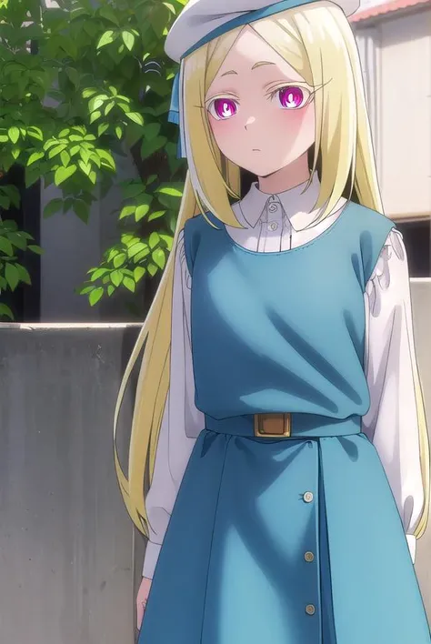 morinokorisu, <lora:morino korisu-alpha-lora-nochekaiser:1>,
morino korisu, long hair, blonde hair, (red eyes:1.3), very long hair, (bright pupils:1.5),
BREAK shirt, long sleeves, hat, dress, white shirt, pantyhose, shoes, blue dress, beret, white headwear, red footwear, mary janes, 
BREAK outdoors, city,
BREAK looking at viewer, (cowboy shot:1.5),
BREAK <lyco:GoodHands-beta2:1>, (masterpiece:1.2), best quality, high resolution, unity 8k wallpaper, (illustration:0.8), (beautiful detailed eyes:1.6), extremely detailed face, perfect lighting, extremely detailed CG, (perfect hands, perfect anatomy),