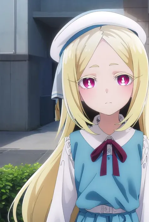 morinokorisu, <lora:morino korisu-alpha-lora-nochekaiser:1>,
morino korisu, long hair, blonde hair, (red eyes:1.3), very long hair, (bright pupils:1.5),
BREAK shirt, long sleeves, hat, dress, white shirt, pantyhose, shoes, blue dress, beret, white headwear, red footwear, mary janes, 
BREAK outdoors, city,
BREAK looking at viewer, (cowboy shot:1.5),
BREAK <lyco:GoodHands-beta2:1>, (masterpiece:1.2), best quality, high resolution, unity 8k wallpaper, (illustration:0.8), (beautiful detailed eyes:1.6), extremely detailed face, perfect lighting, extremely detailed CG, (perfect hands, perfect anatomy),