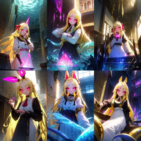 (otherworldly, otherworldly atmosphere, otherworldly appearance), highly insanely detailed, masterpiece, top quality, best quality, highres, 4k, 8k, RAW photo, ((ancient egyptian theme:1.2)), 
(mystical theme), mystical gatmosphere, arcane sanctuaries, otherwordly aura, 
(long_hair, long hair, random colors hair, glowing hair, hair over one eye, long messy hair), 
(eyelashes, eyeliner, eyeshadow, eyelashes, long eyelashes), 
collar, earrings, jewelry, necklace, armlet, 
tentacle, (underwater), nsfw, 
Homestay, Resort, Guest House, 
building, structure, still life, swirling energy, 
action pose, 
drunk, closed eyes, 
abandoned building, shopping mall, overgrown with vegetation, [volumetric fog], cinematic lighting, colorful, 
morinokorisu, <lora:morino korisu-alpha-lora-nochekaiser:0.8>, 
nero alice, long hair, blonde hair, (red eyes:1.3), bow, hair bow, (pink eyes:1.3), facial mark, forehead mark, 
BREAK
long sleeves, dress, ribbon, apron, white apron, puffy sleeves, (fantasy world)