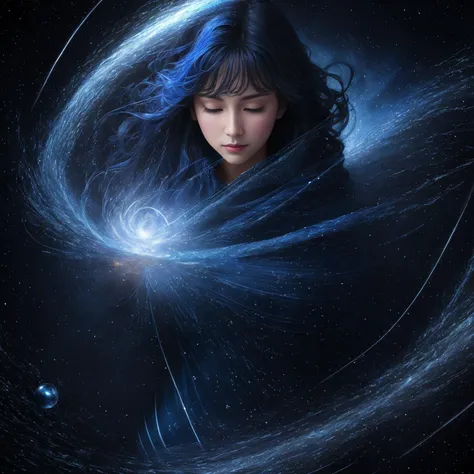 magic, hailstorm, Superfluid, Brownian motion, Turbulence, Horizontal lines, NavyBlue, Indigo, a magical woman