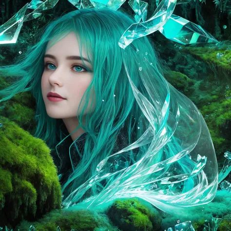 magic, glacier, Liquid crystal, Translation, Drifting, Dotted lines, DeepTurquoise, Moss Green, a magical woman