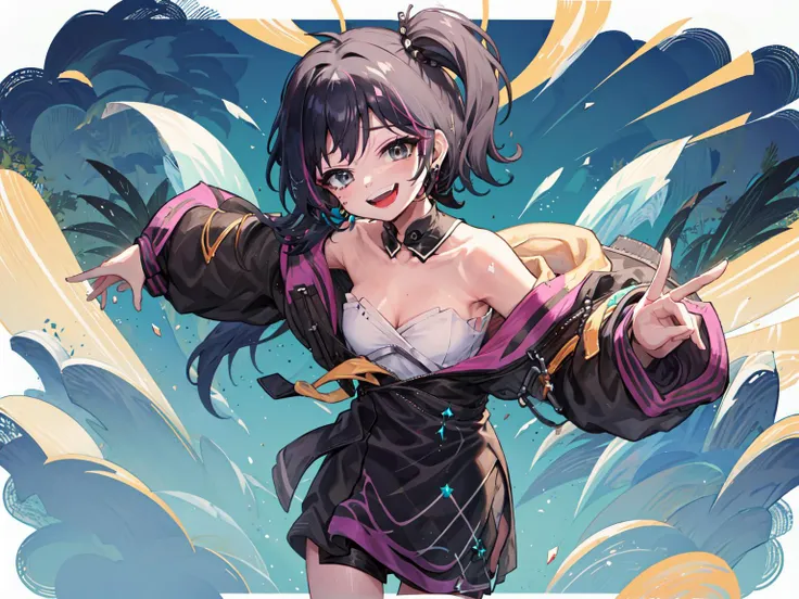 masterpiece, best quality, solo, <lora:dha-6:1>, desire, twintails, off shoulder, evil smile, open mouth,