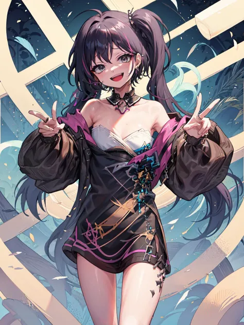 masterpiece, best quality, solo, <lora:dha-6:1>, desire, twintails, off shoulder, evil smile, open mouth,