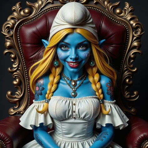 concept-dark,Characteristically grotesque Smurfette, wearing a bonnet with precious patinated pearls inlay. Long yellow hair. A white dress. The evil smurfette has blue skin and a big, toothy smile, vivid tattoos and piercings, showing sharp teeth, a fitness figure with exaggerated, white highlights., a monstrous creature with wide-open blue eyes, a zombie-like creature. with a deeply patinated, sitting on a throne made of precious stones, dark tenebrous style, intriguing details, intricate details<lora:concept-dark:1>